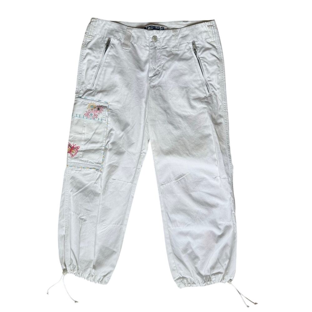 Express y2k Embroidered Cargo Pants in White Size 5/6 Cotton Butterfly Twee